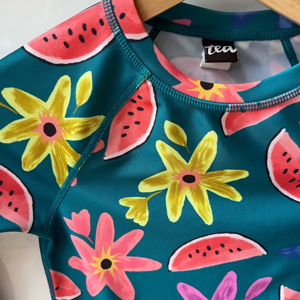 Tea Collection Kids Swim Rash Guard - Teal with Watermelon and Floral Print
